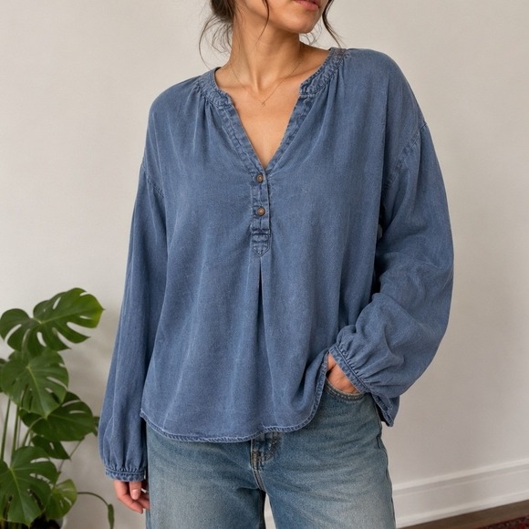 Old Navy Tops - Old Navy Lyocell Peasant Blouse Large Blue Boho Coastal Chambray Top